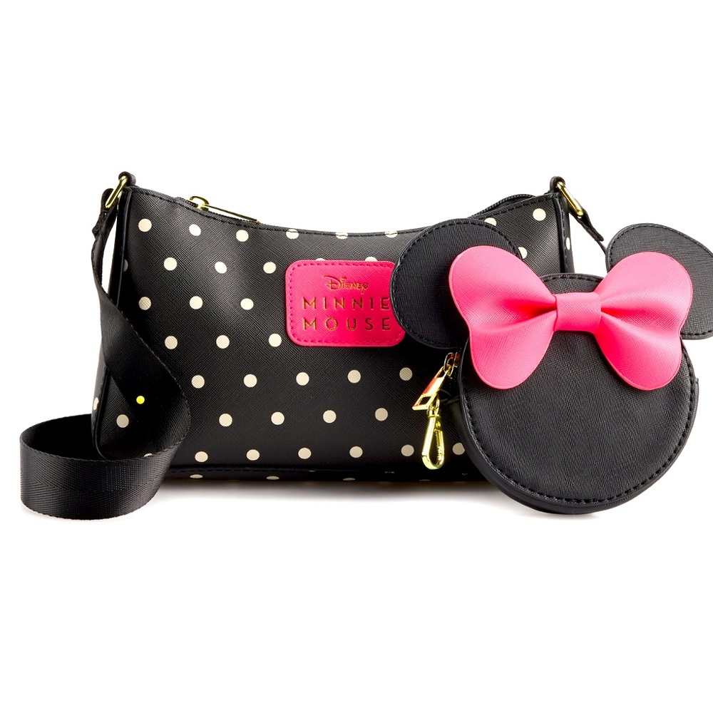 Disney Minnie Mouse Black Polka Dot Crossbody Bag with Pink Bow Coin Pouch